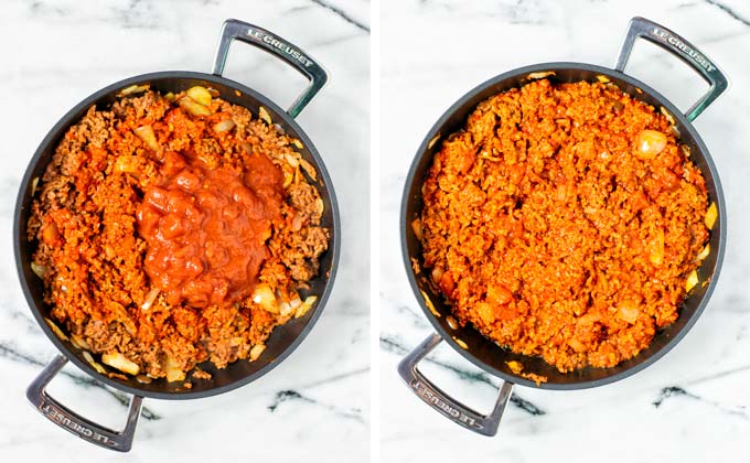 Vegan Texas Chili simmering in a large pan.