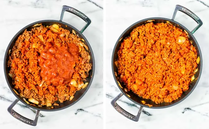 Vegan Texas Chili simmering in a large pan.