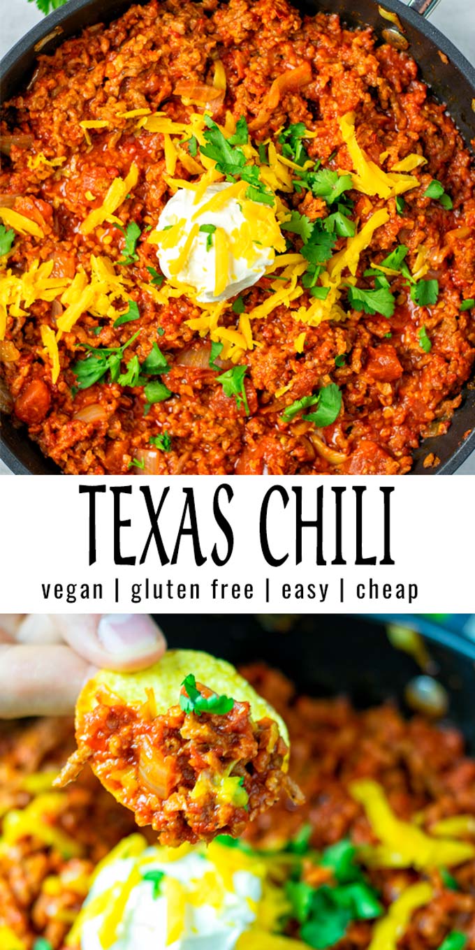 Collage of two pictures of the vegan Texas Chili with recipe title text. 