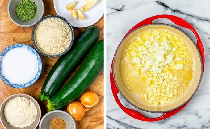 Ingredients needed to make this Zucchini Casserole, prepared on a board.