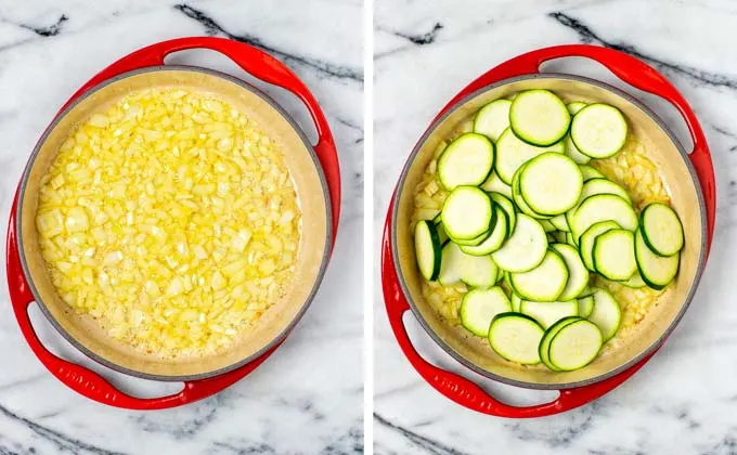 First step: Sautéing diced onions and sliced zucchini.