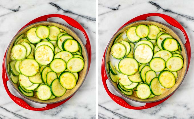 Adding milk to the large frying plan with the vegetables and onions.