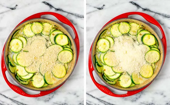 Bread crumbs and vegan cheese is mixed to the pan.