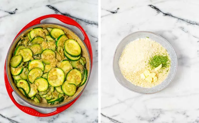 Vegetables, onions, and cheesy bread crumbs are mixed in the frying pan. 