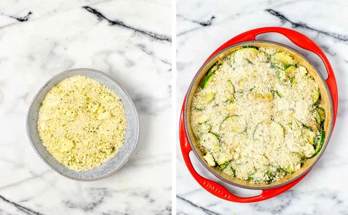 A crunchy topping is mixed in a small bowl and then given over the zucchini mix in the frying pan. 