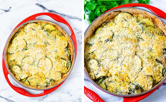 Two views of the Zucchini Casserole in the baking dish.
