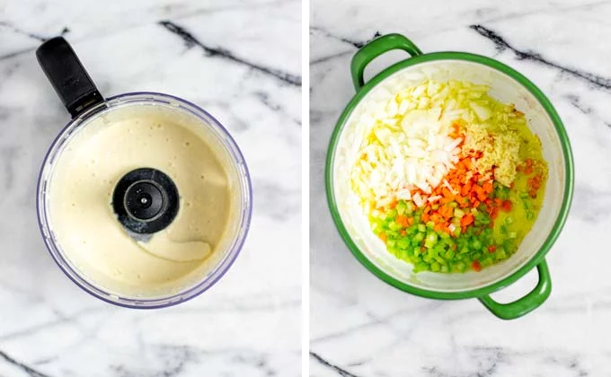 Making the blended sauce base in a food processor.