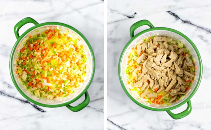 Sautéing the vegetables and vegan chicken stripes in a large pot.