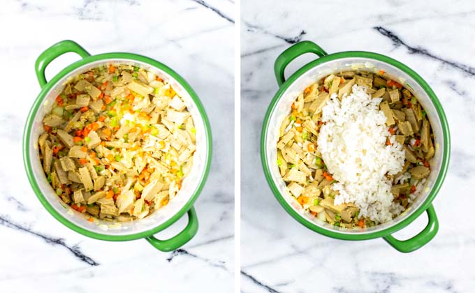 Adding rice and broth to the vegetables in a pot.