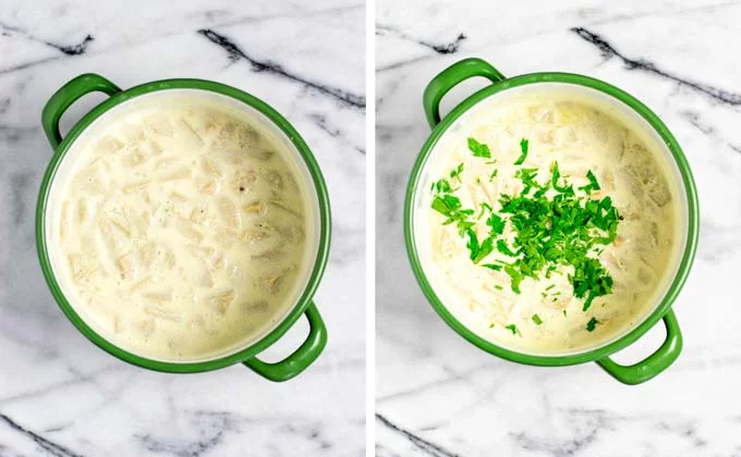 Avgolemono soup after mixing everything in a pot and garnishing with parsley. 