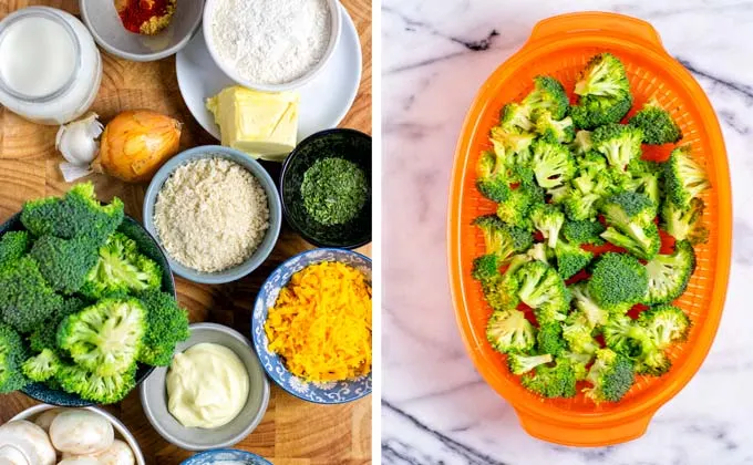 Ingredients needed for this vegan Broccoli Casserole assembled on a board.