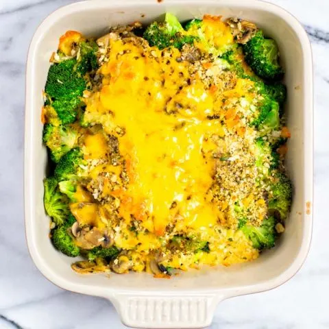 Top view on the Broccoli Casserole after baking, showing the melted cheese.