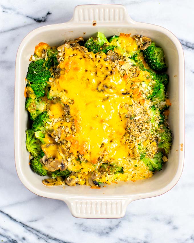 Top view on the Broccoli Casserole after baking, showing the melted cheese.