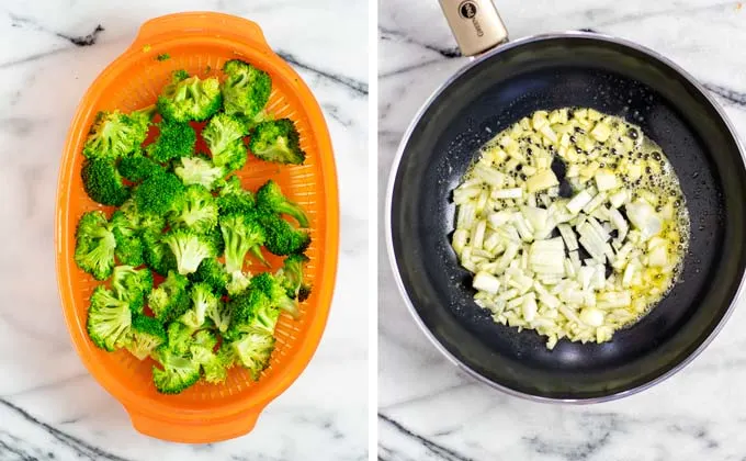 Broccoli is steamed in a steaming basket.