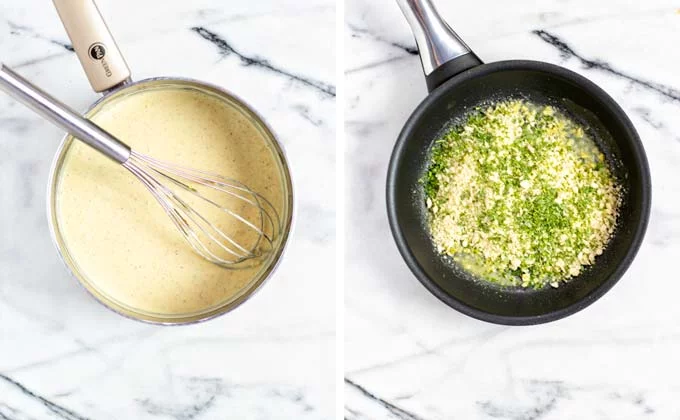 Preparing the breadcrumbs topping by mixing them with Italian herbs and toasting in a pan.