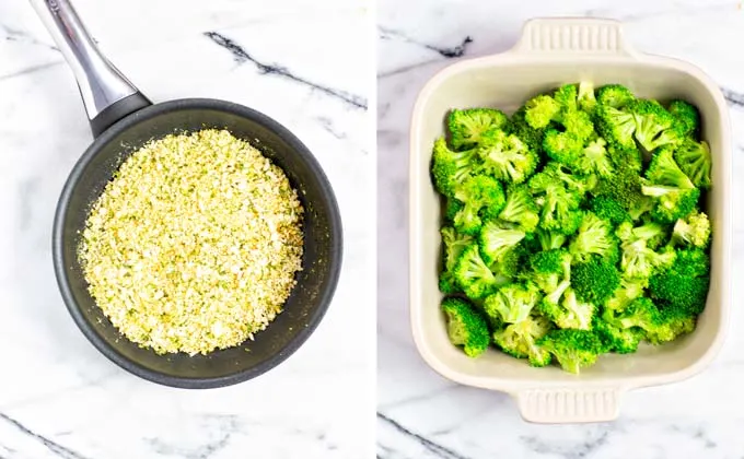 Starting assembly of the Broccoli Casserole, starting with the pre-steamed broccoli.