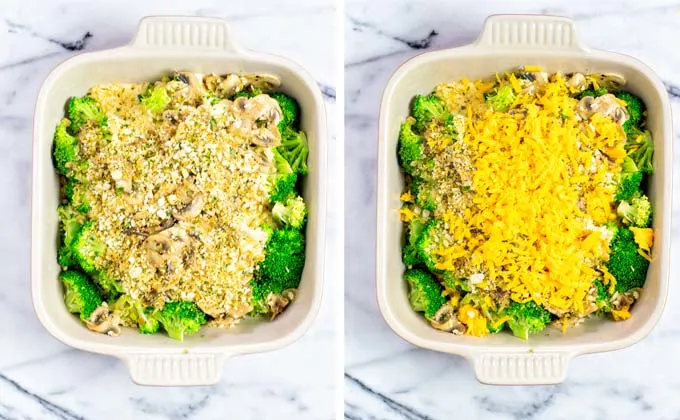 Breadcrumbs and extra vegan cheddar top this Broccoli Casserole.