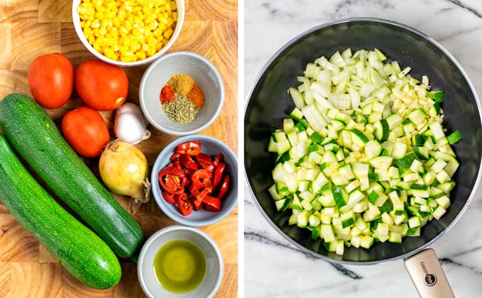 Ingredients for making these Calabacitas collected on a wooden board.