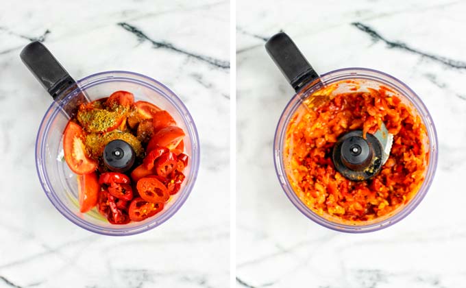 Preparing the tomoato-jalaeno sauce in a food processor before and after.