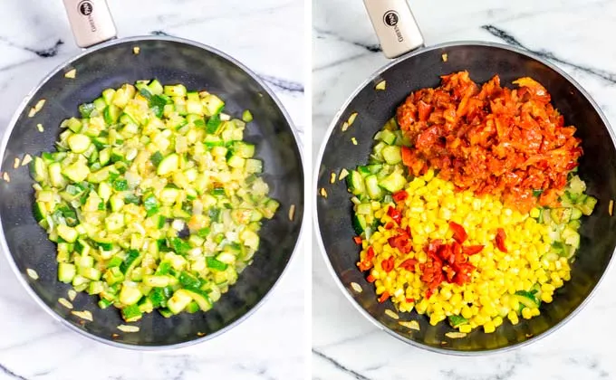 Frying zucchini, corn, jalapenos in a large sauce pan.