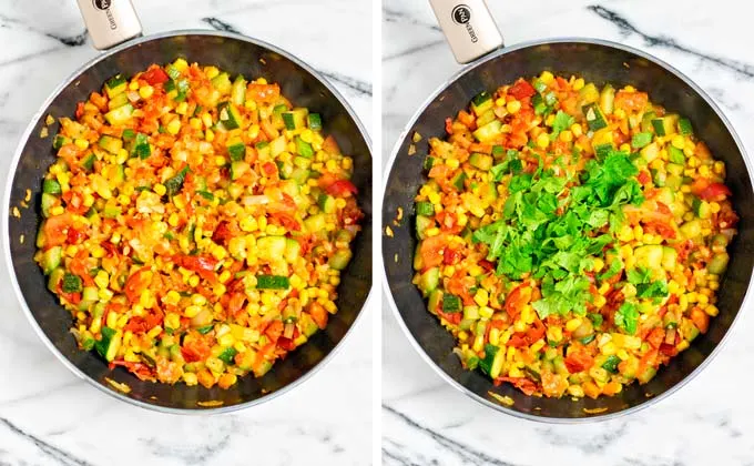 Mixed Calbacitas in a sauce pan mixed with fresh cilantro.