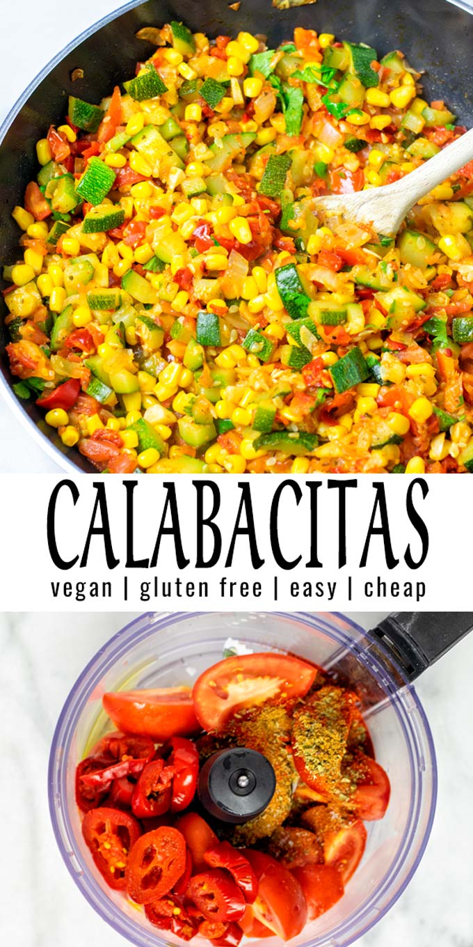 Collage of two picture of the Calabacitas with recipe title text.