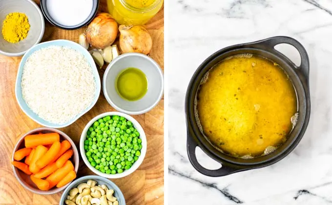 Ingredients for the Curried Rice collected on a wooden board.