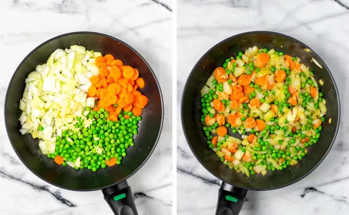 Vegetables (onions, carrots, peas) in a small frying pan before and after frying.