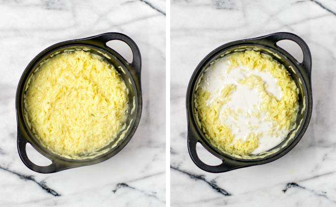 Cooked and drained basmati rice in a sauce pan, with coconut milk being added.