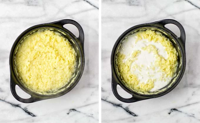 Cooked and drained basmati rice in a sauce pan, with coconut milk being added.