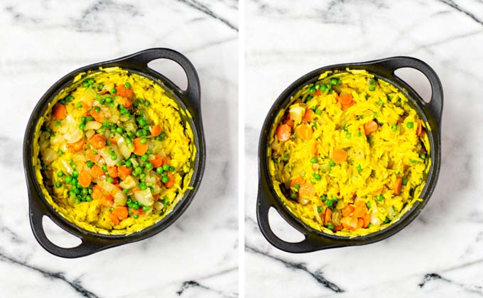 Fried vegetables are added to the curried rice.