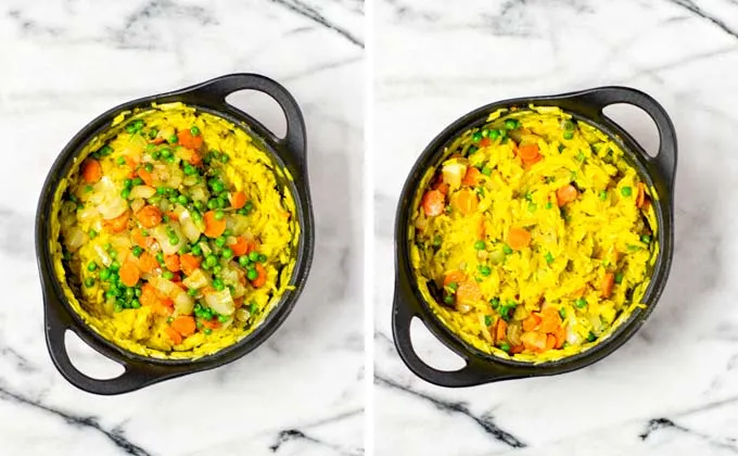 Fried vegetables are added to the curried rice.