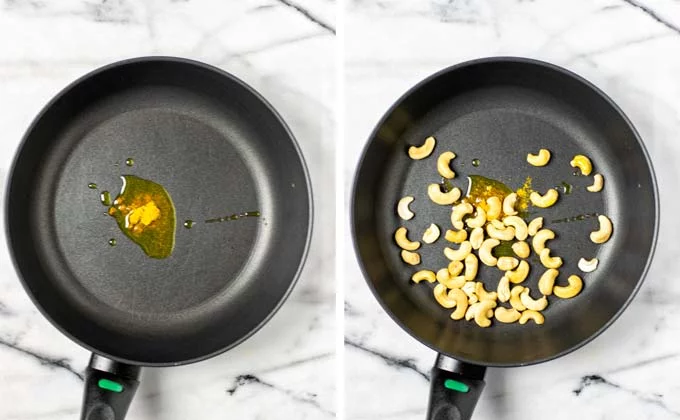 Olive oil is heated in a small pan, mixed with curry powder and cashews for toasting.