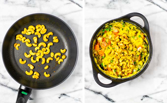 Ready toasted cashews are given over the Curried Rice.