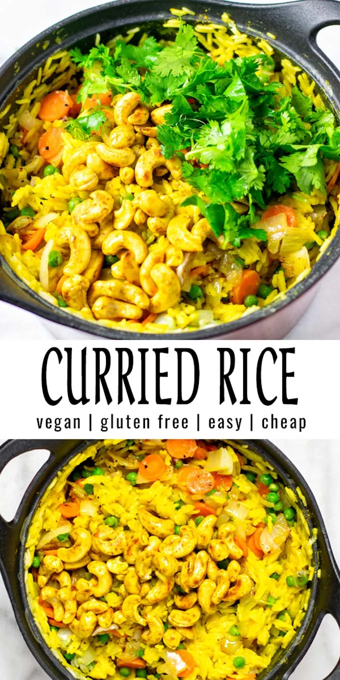 Collage of two pictures of the Curried Rice with recipe title text.
