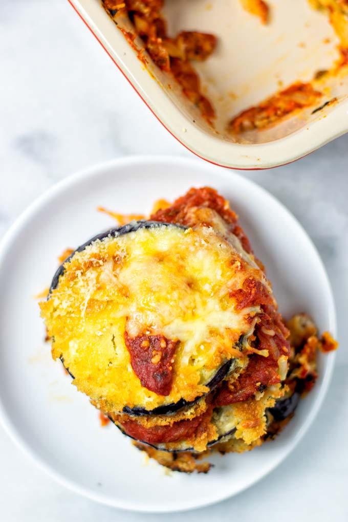 Top view of a single portion of the Eggplant Parmesan. 