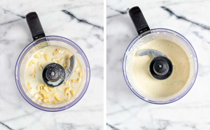 Making the cashew-milk mixture as vegan egg replacement in a food processor.