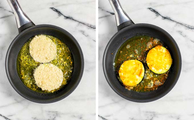 Frying the coated eggplant slices in olive oil.