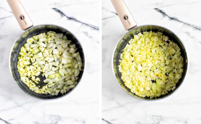 Onions and garlic are fried in a small saucepan.