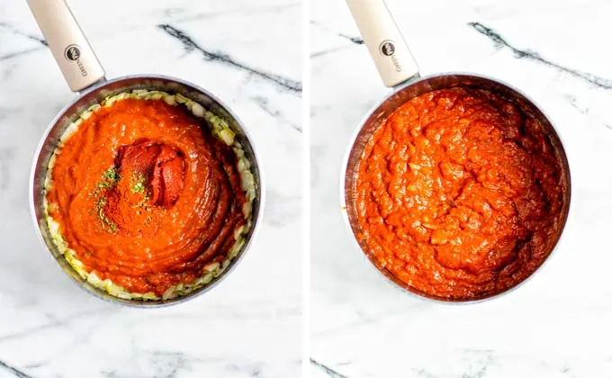 Adding tomato sauce, paste and seasoning completes the tomato sauce for the Eggplant Parmesan.