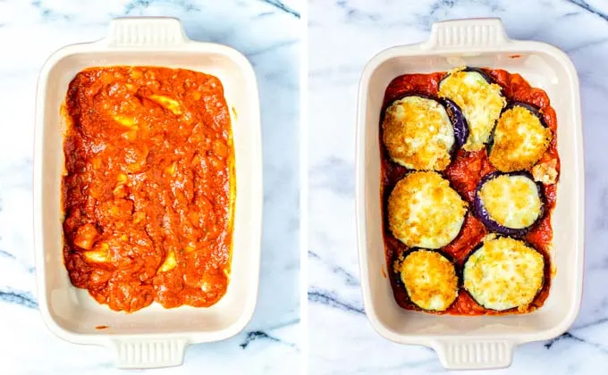 Layering the Eggplant Parmesan in a casserole dish.