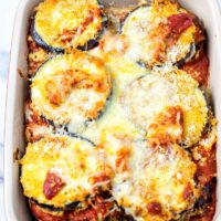 Eggplant Parmesan after baking in a casserole dish.