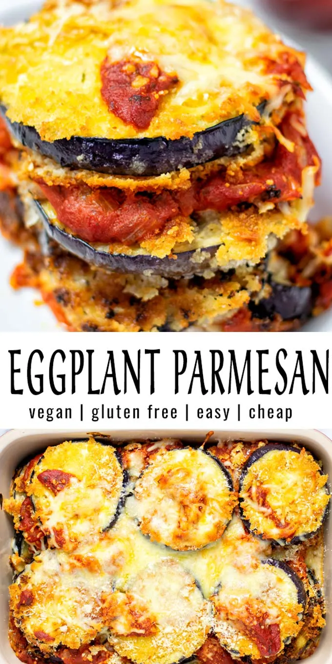 Collage of two pictures of the Eggplant Parmesan with recipe title text.