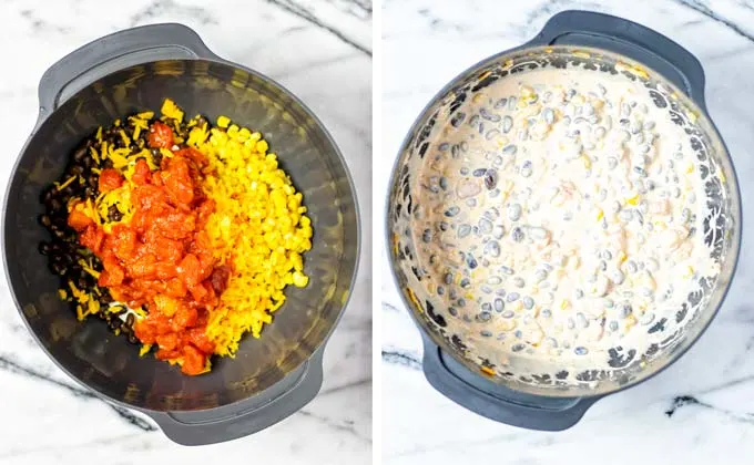 Adding chopped tomatoes to the grey bowl, then mixing everything together.