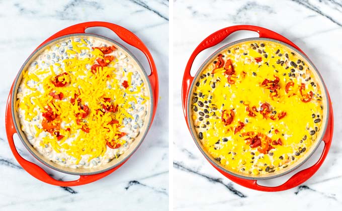 Cheese covered Nacho Dip in a red casserole dish before and after baking.
