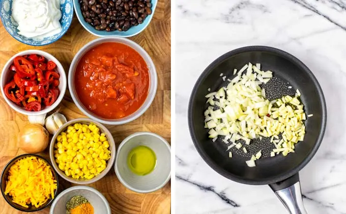 Ingredients for the Nacho Dip collected on a wooden board.