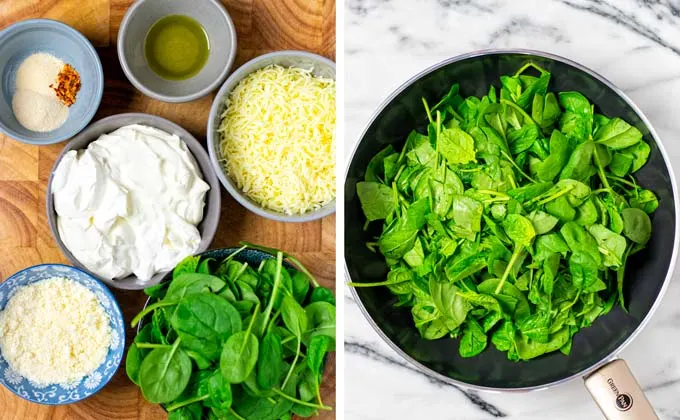 Ingredients for the Spinach Dip recipe collected in bowls on a wooden board.