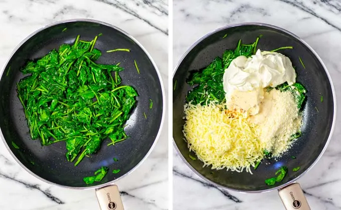 Spinach is sautéed in a sauce pan, then cheesy ingredients are added.