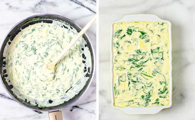 Spinach and cheesy ingredients are mixed in a pan, then transferred to a casserole dish.