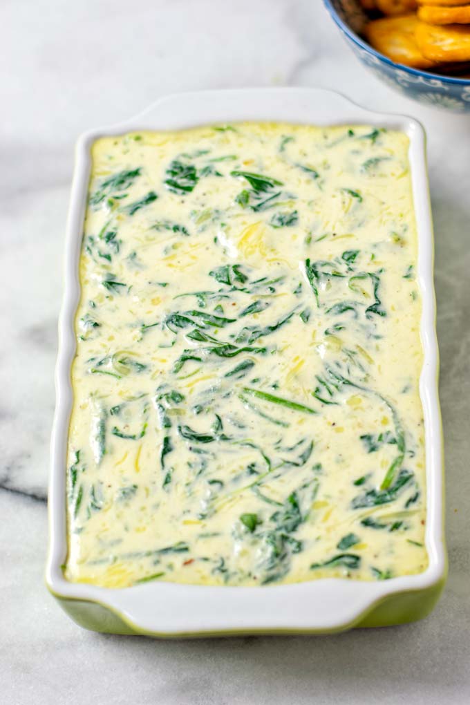 Casserole dish with the Spinach Dip after baking